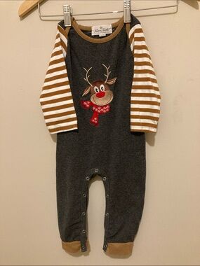 Marie Nicole Baby Reindeer Applique Romper - Charcoal & Brown Sz 18-24mo